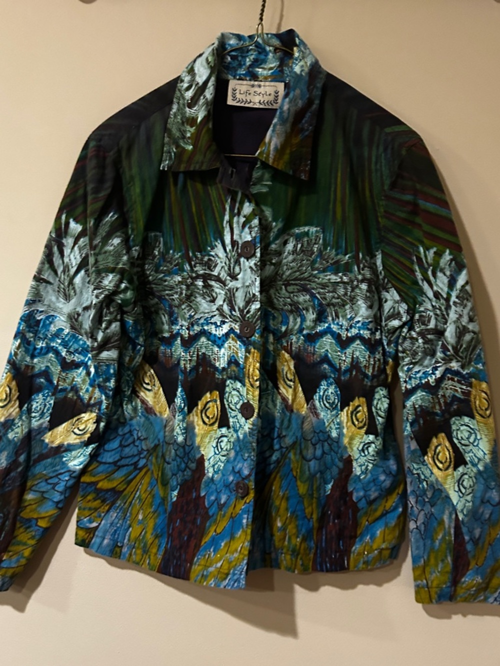 Life Style Vintage Blue & Green Feather-Print Button-Up Shirt Jacket Lined